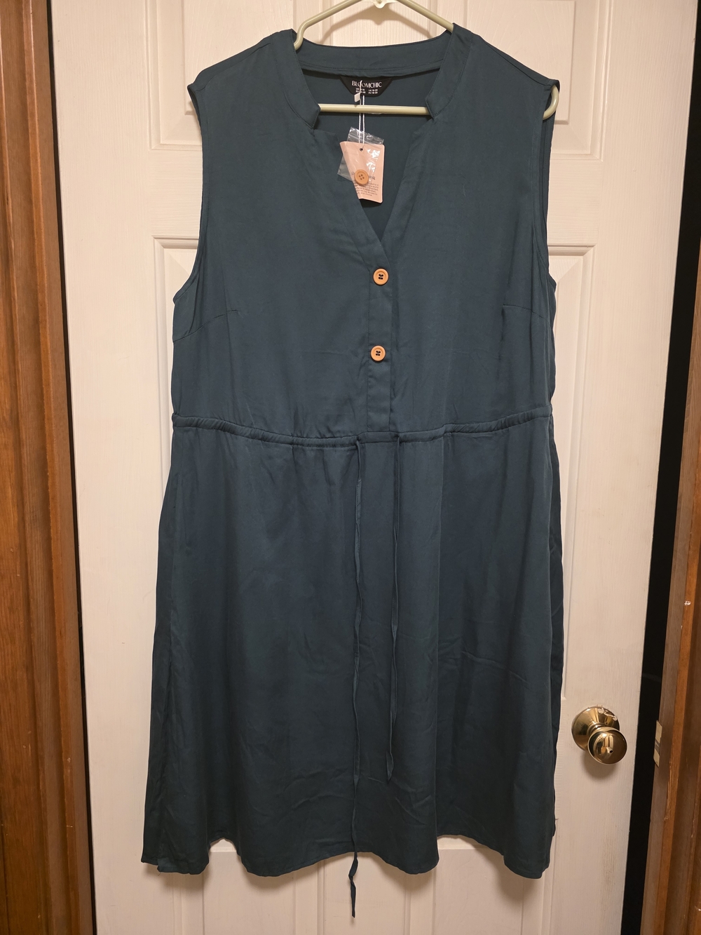 BloomChic Teal Drawstring V-Neck Midi Dress